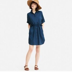 Uniqlo Navy Linen-Blend Shirt Dress with Waist Tie Size XS